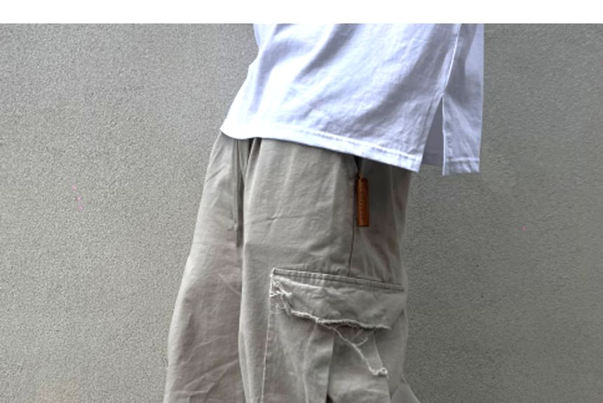 SeoulPop - Elastische taille, effen, versleten, losse cargobroek