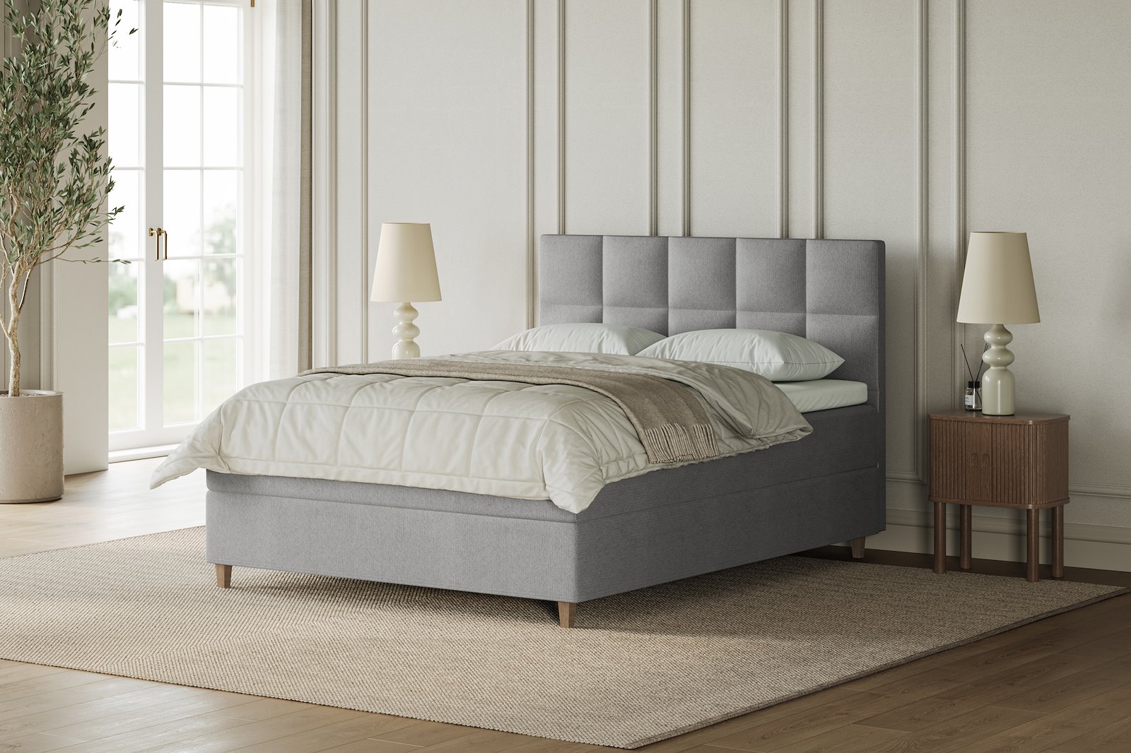 XOV Venus Kontinentalseng 150x200 cm i tekstil Terranova 04 beige, medium/medium med Premium 15 overmadrass og sort firkantede ben, gavl selges separate