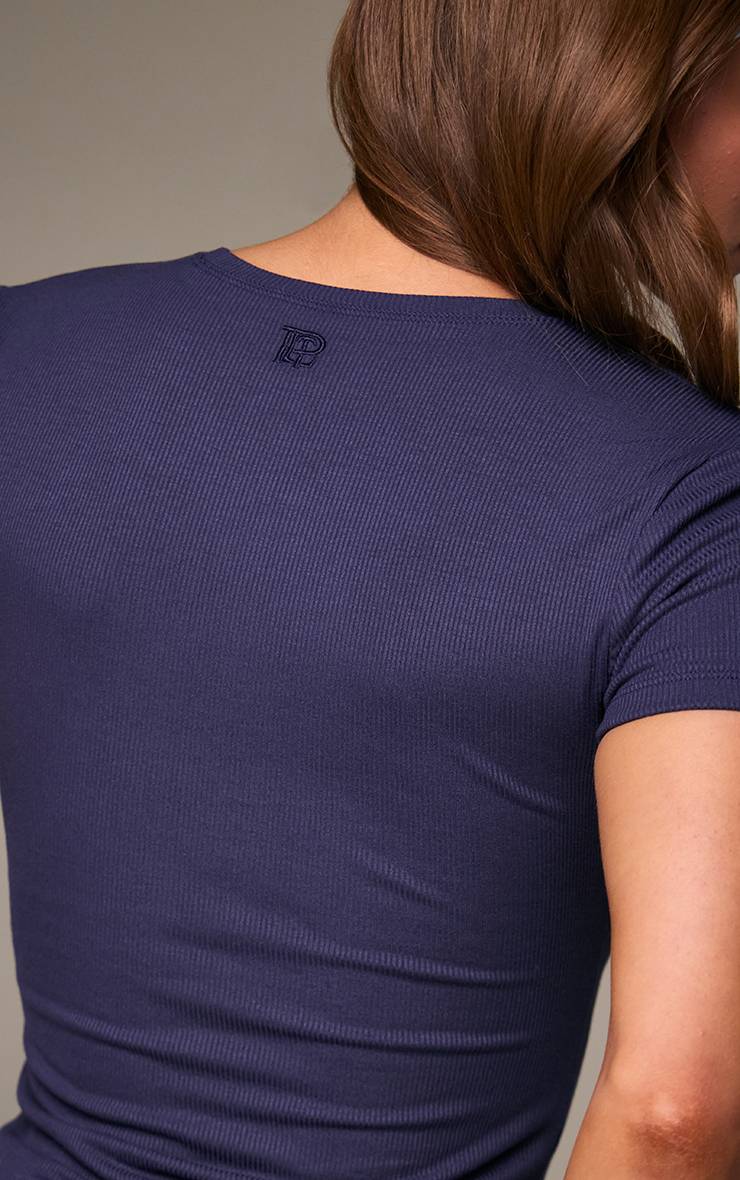 Bleu Marine Haut Ajusté À Manches Courtes En Coton Doux