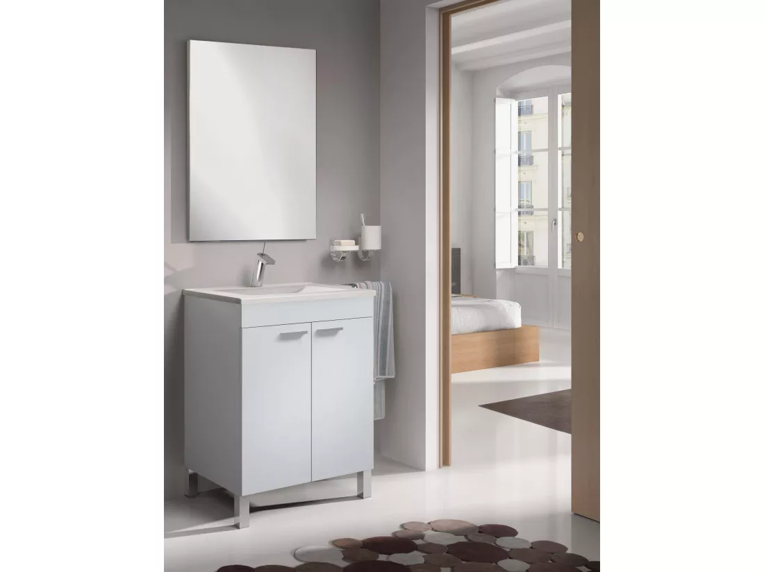 Meuble sous-vasque Naperville, Meuble de salle de bain, armoire 2 portes avec miroir, lavabo non inclus, 60x45h80 cm, Blanc brillant