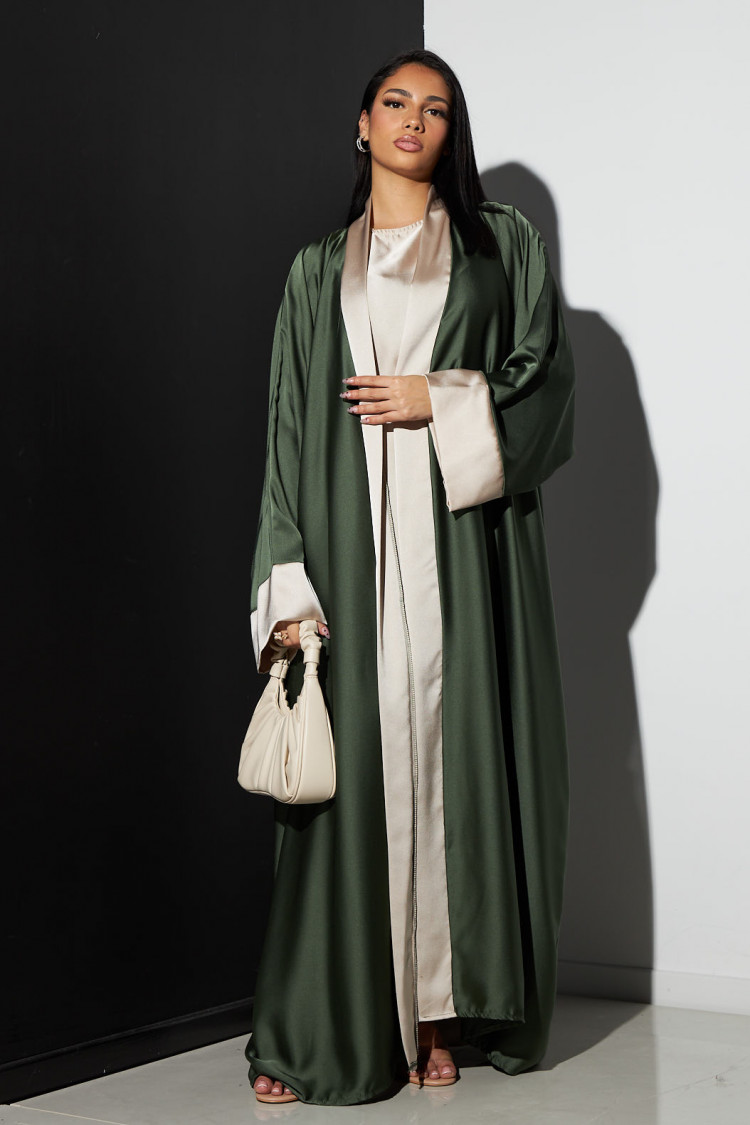 Ensemble 2 pièces robe + kimono kaki à bandes beige