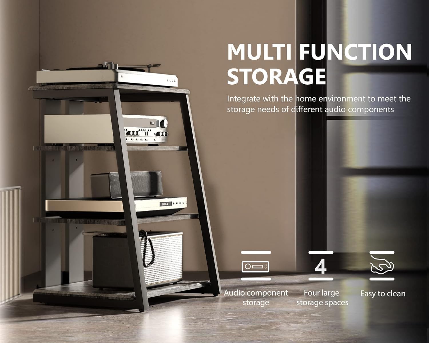 FITUEYES Design HiFi Rack aus Holz & Stahl, Plattenspieler Tisch mit verstellbaren Ablage, HiFi Regal für Plattenspieler & Stereoanlagen & Kompaktanlage, 61 x 52 x 78 cm