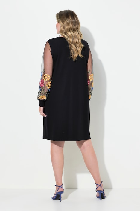 Jerseykleid, A-Linie, bestickter Mesh-Langarm