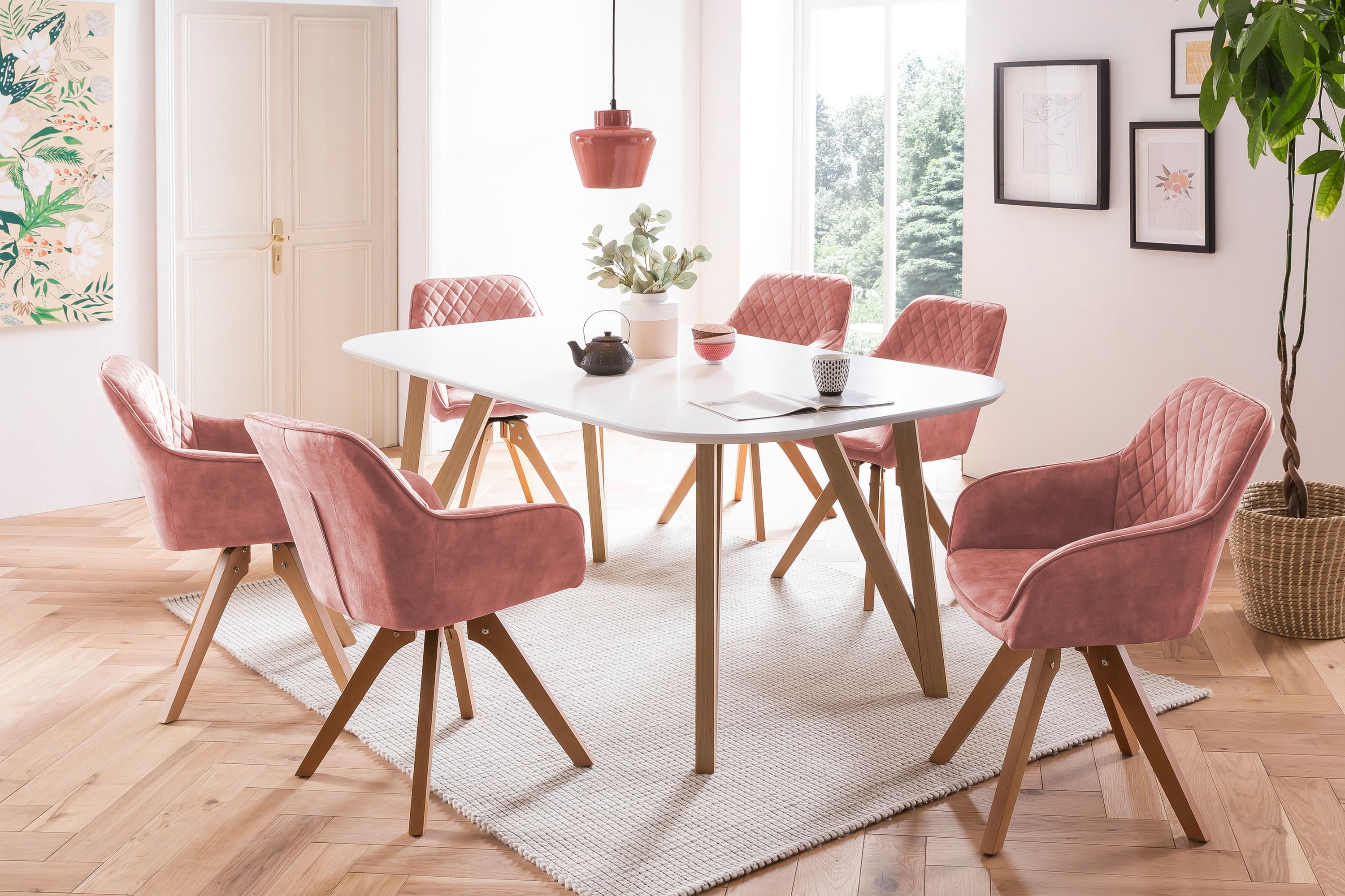 Armlehnstuhl Vintage Samtvelours rose Esszimmerstuhl Wohnzimmer Polster Stuhl