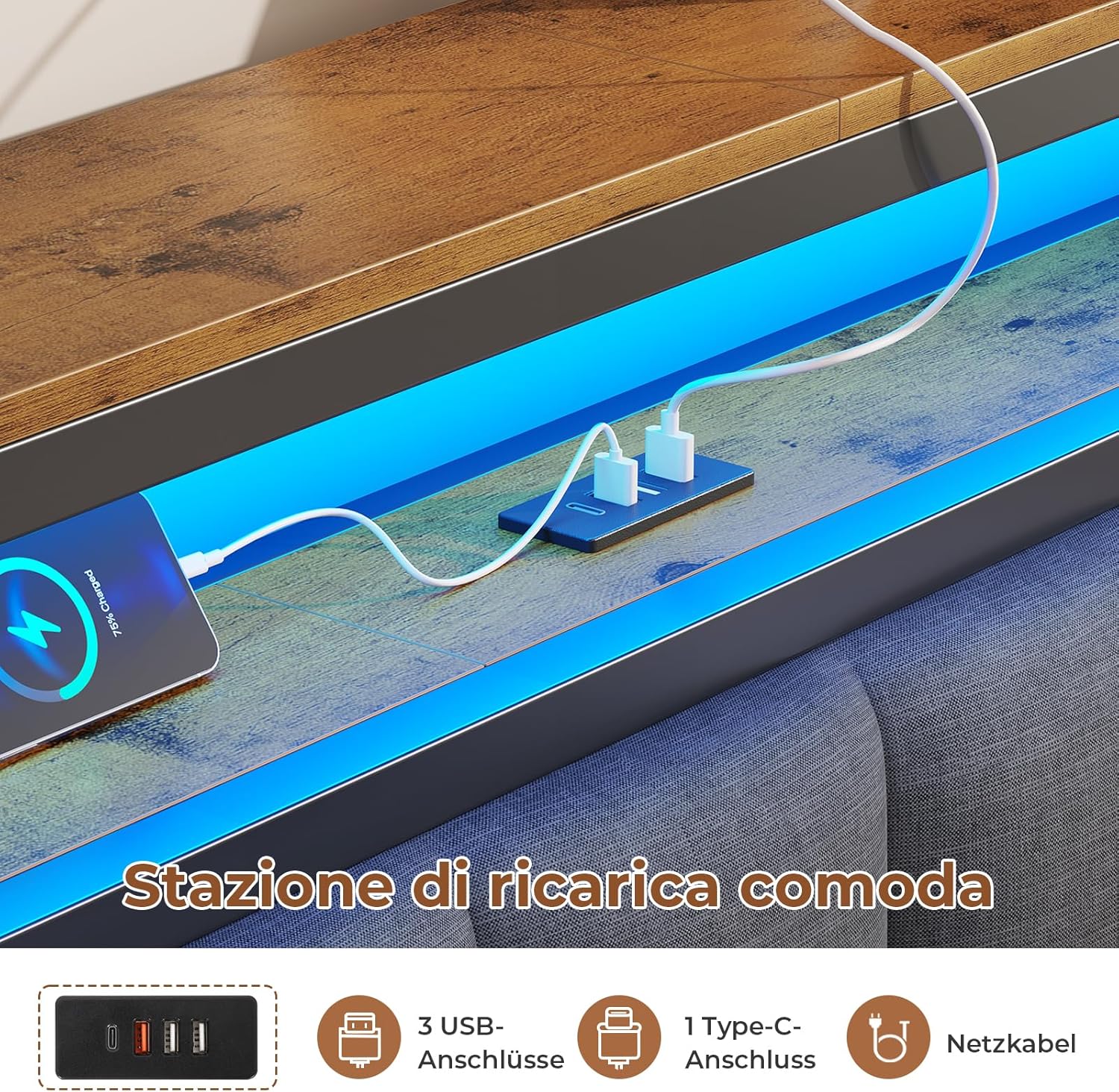AOGLLATI Polsterbett 140x200 CM mit Ladestation & LED-Beleuchtung,Doppelbettgestell mit Stauraum Kopfteil & Lattenrost, Schwebender visueller Effekt,Modern Bettgestell Leinen, Ohne Matratze,Dunkelgrau QX2538156