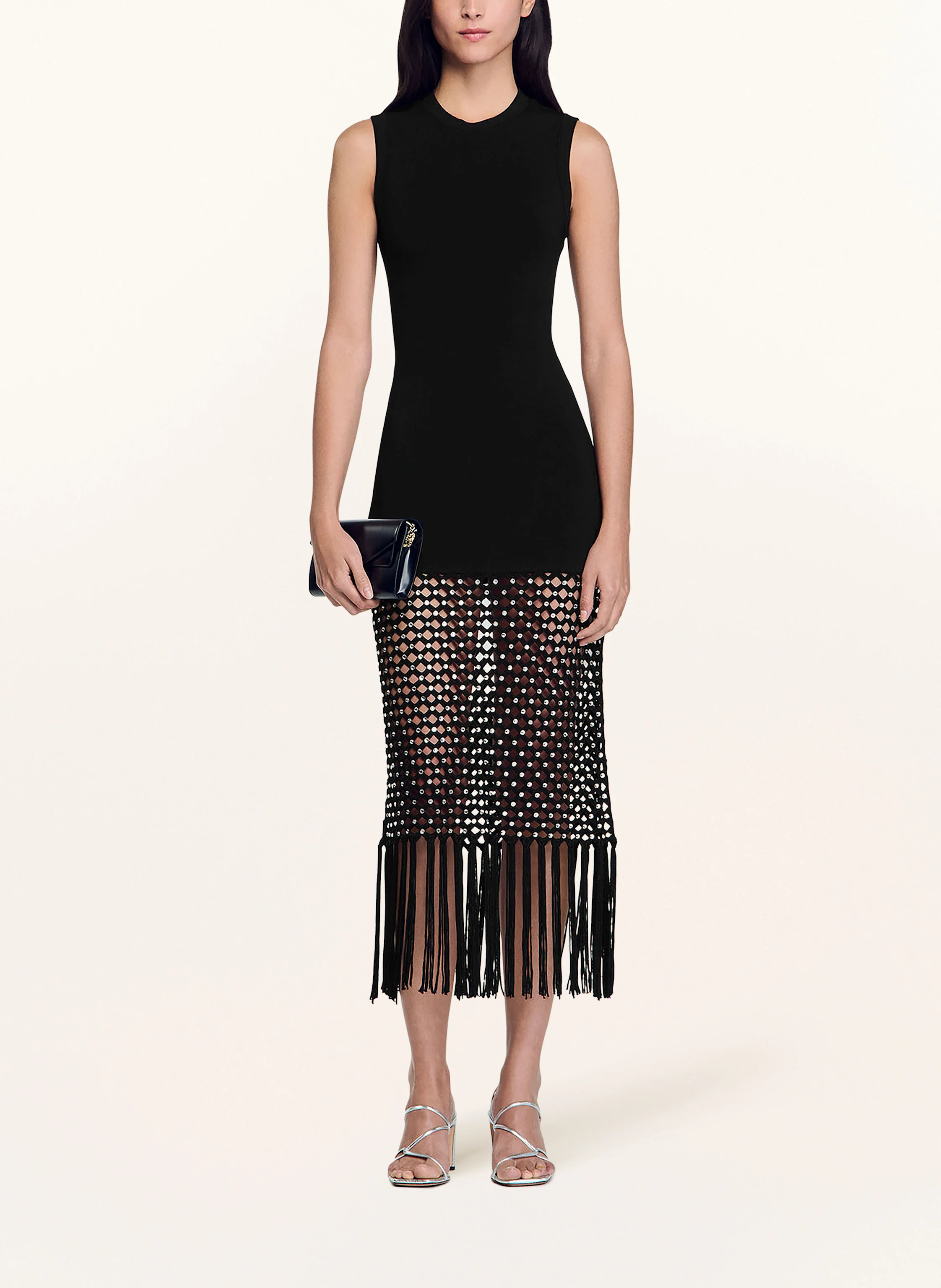 SANDRO Kleid im Materialmix mit Schmucksteinen