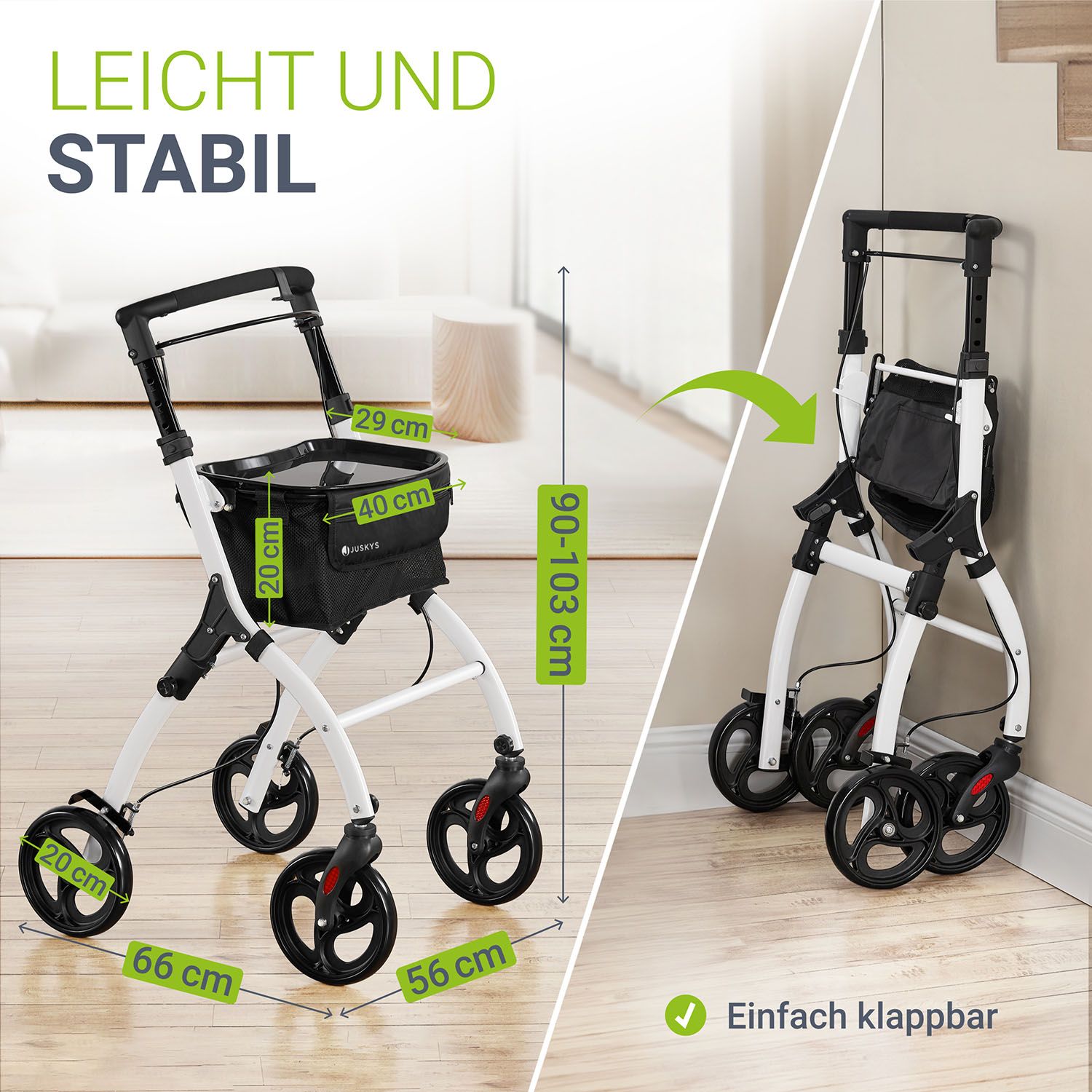 Juskys Aluminium Wohnungsrollator Aktiv - Tasche & Tablett - Rollator schmal & faltbar - Weiß