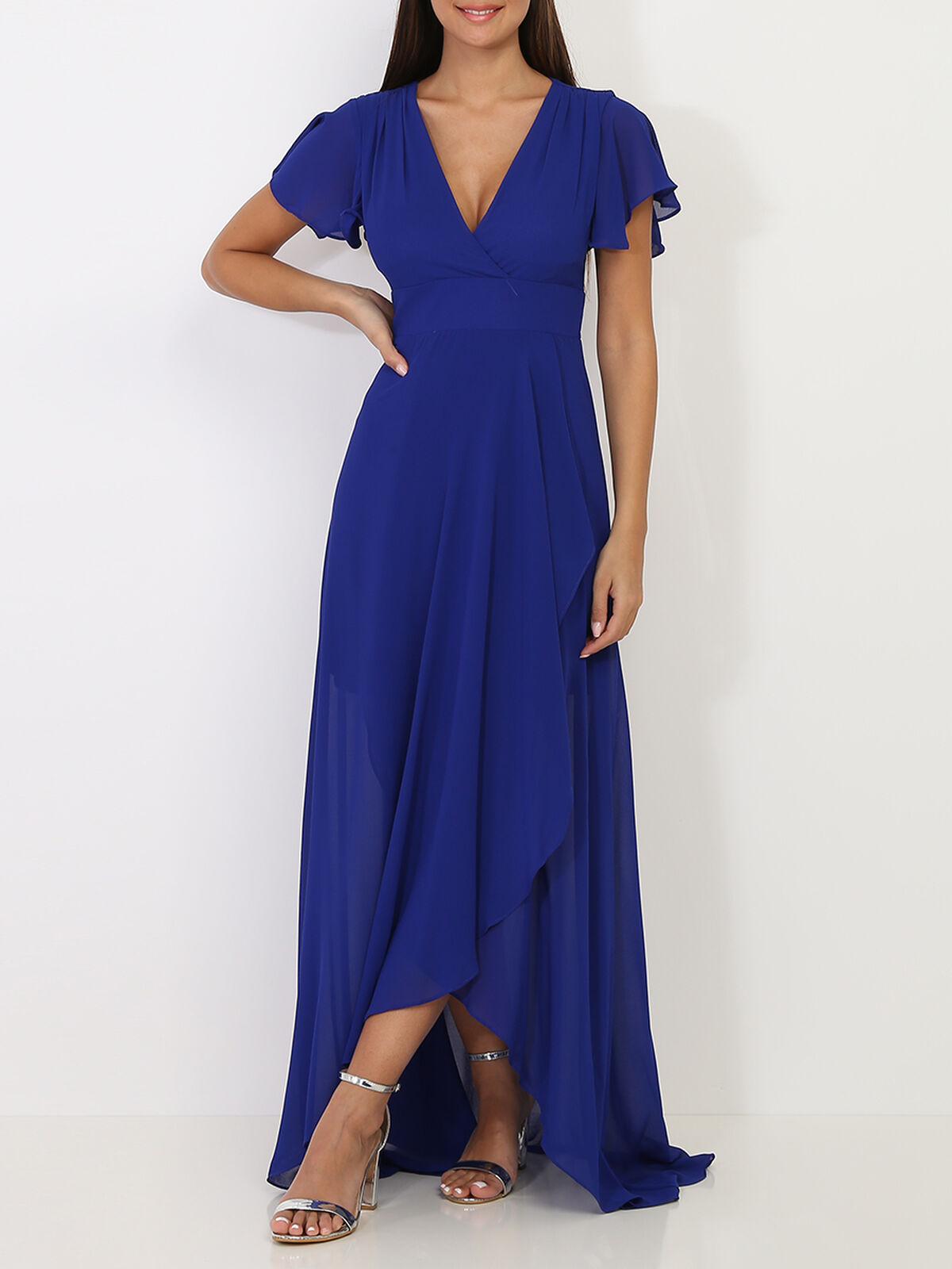 Robe portefeuille à manches papillons- Bleu