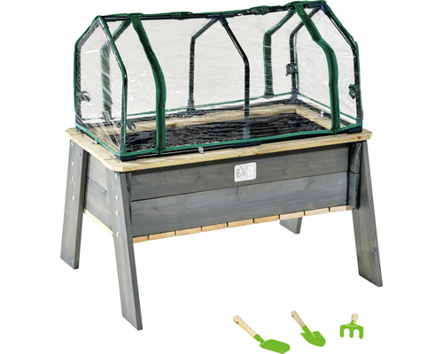 Kinder verhoogd tuinbed op palen EXIT Aksent hout maat L met deksel, tuingereedschap 93,5x68x50 cm grijs