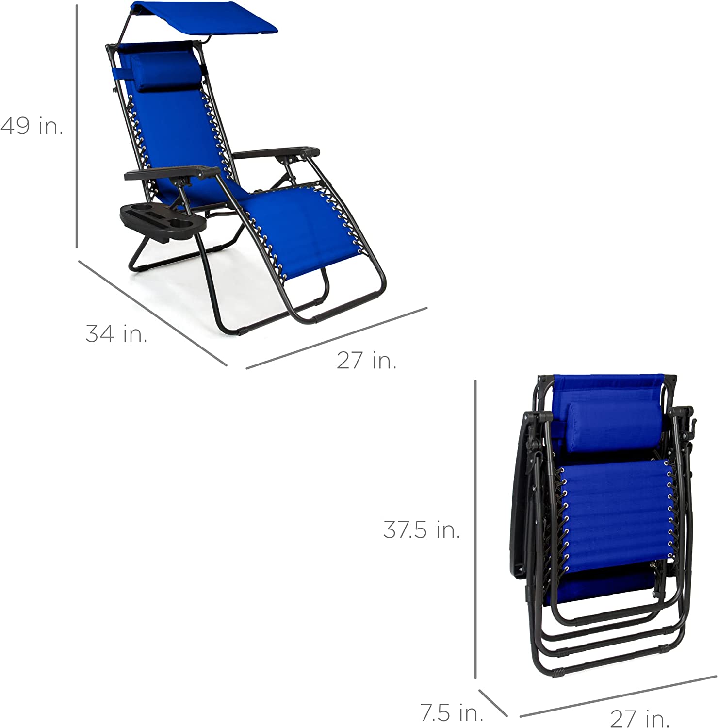Folding Zero Gravity Outdoor Recliner Patio Lounge Chair w/Adjustable Canopy Shade, Headrest, Side Accessory Tray, Textilene Mesh - Beige