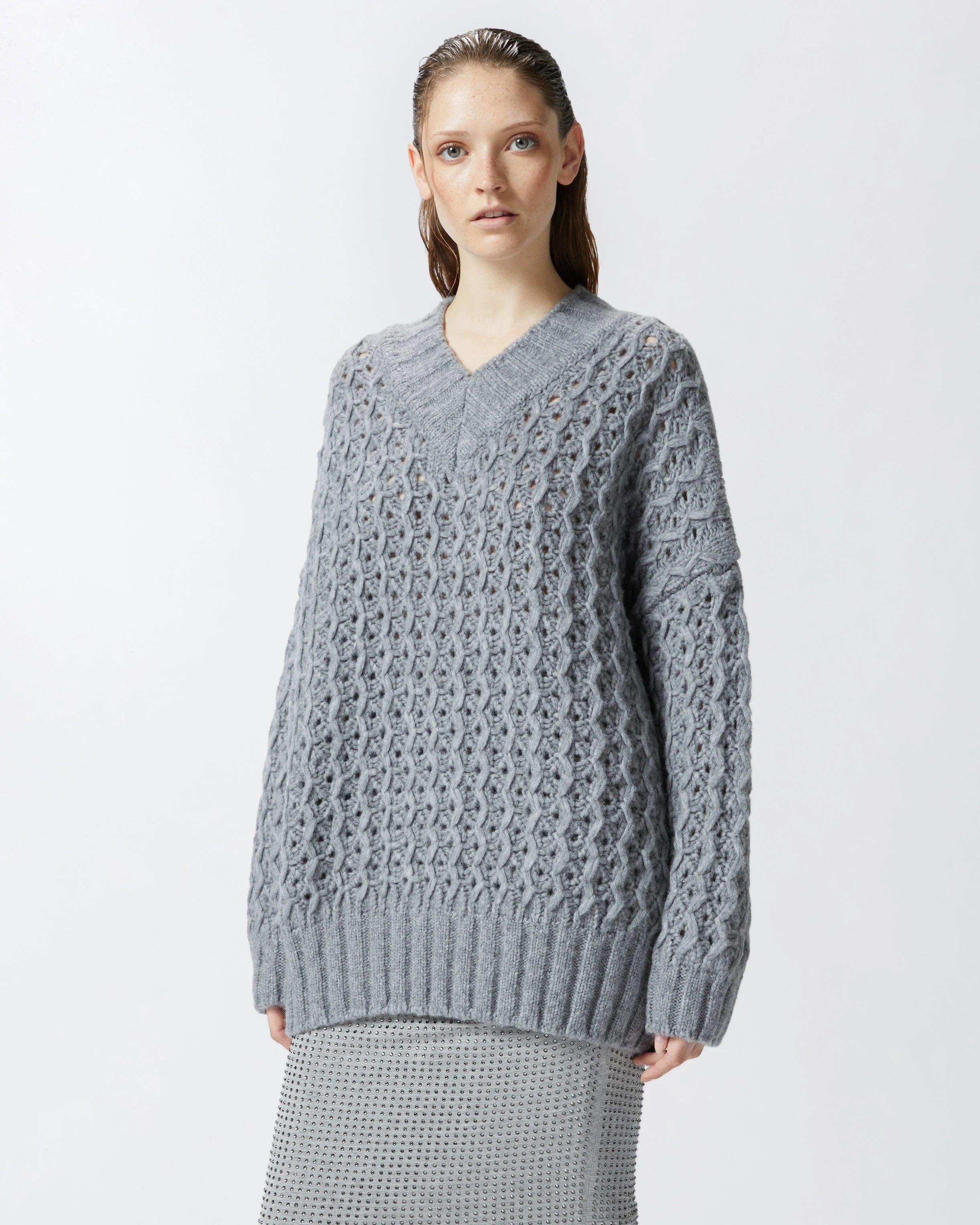 Pull tunique long et ajouré en fil ultra-léger | Argent