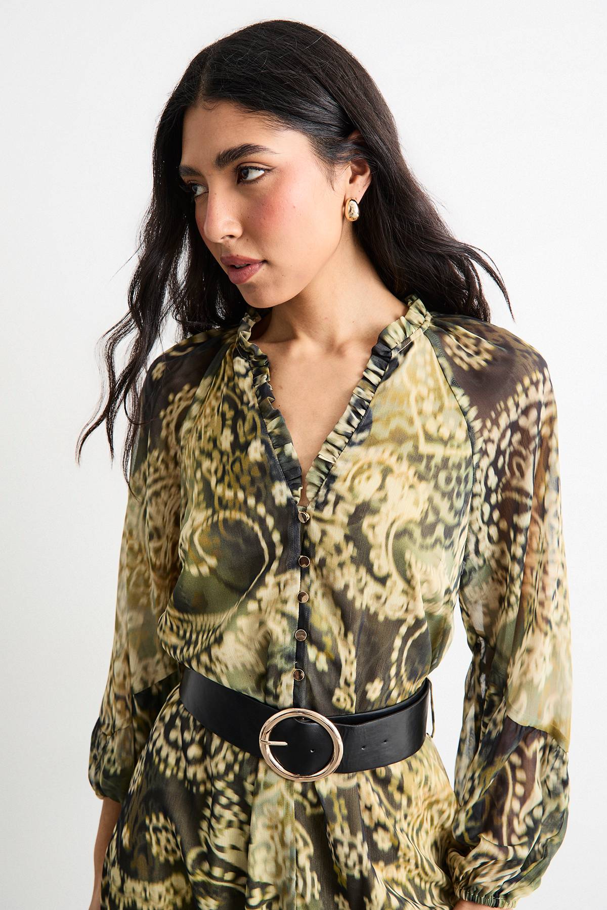 Warehouse Robe Longue Imprimée À Volants Avec Ceinture