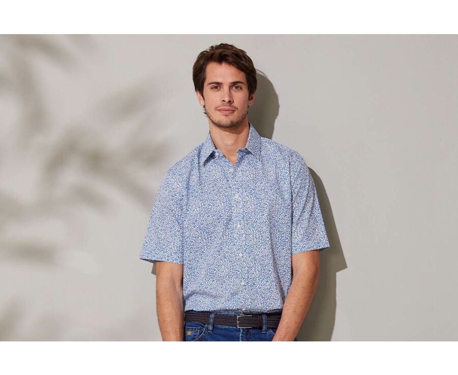 Chemise coton bleue imprimée fleurs blanches - FLAVIUS MC