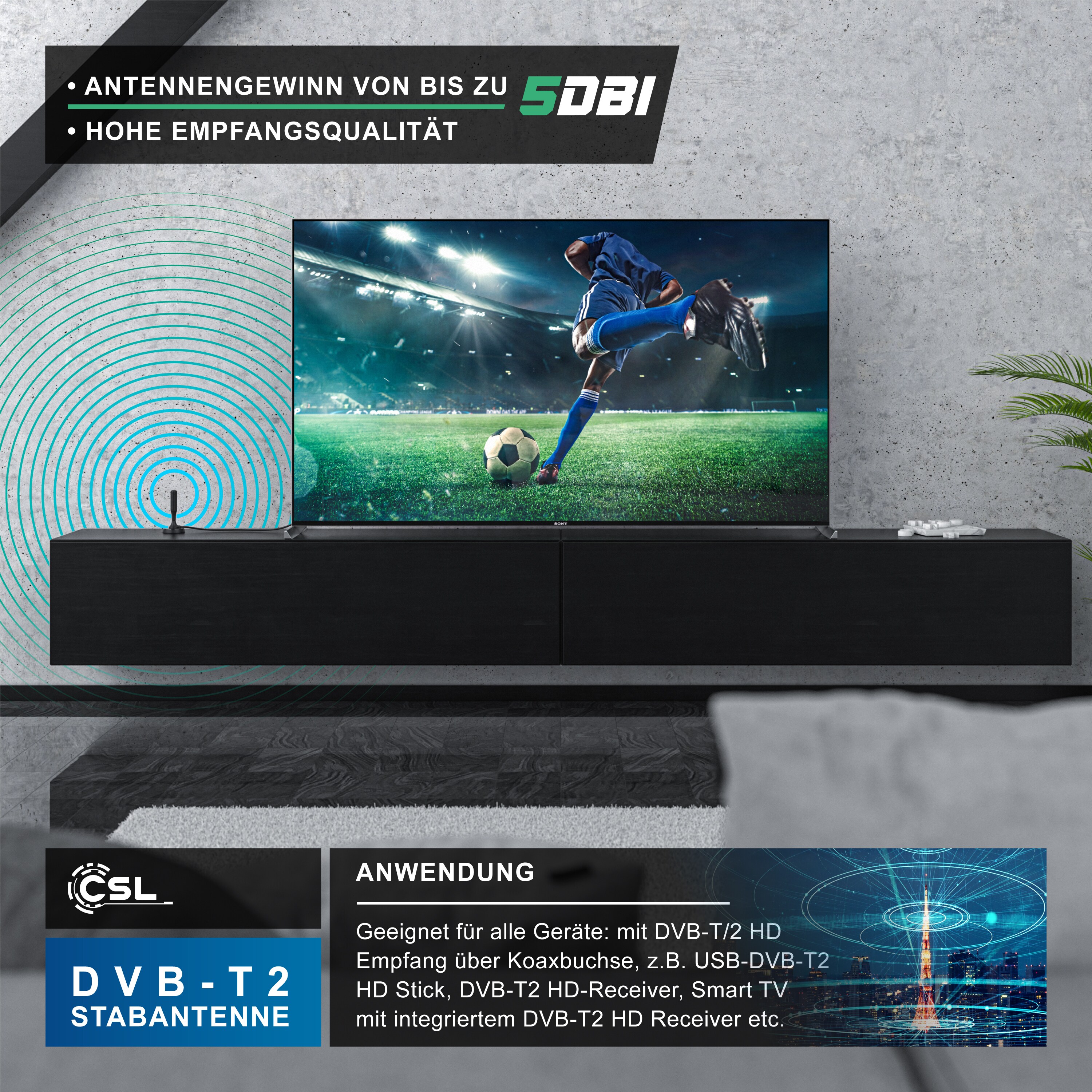 CSL DVB-T, DVB-T2 Stabantenne für Innenbereich, digitale Antenne mit 4m Kabel / inkl. F-Stecker Adapter