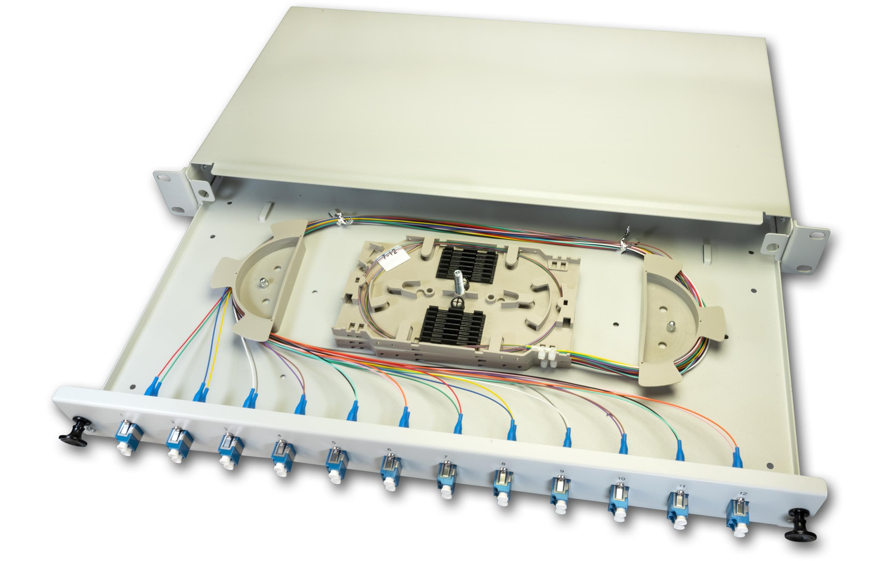 Spleissbox 24 Fasern, 12x DLC MM, 50/125µm OM3 Pigtail<br>LWL Spleissbox, 24 Fasern, 12x DLC Multimode, 50/125µm OM3 Pigtail