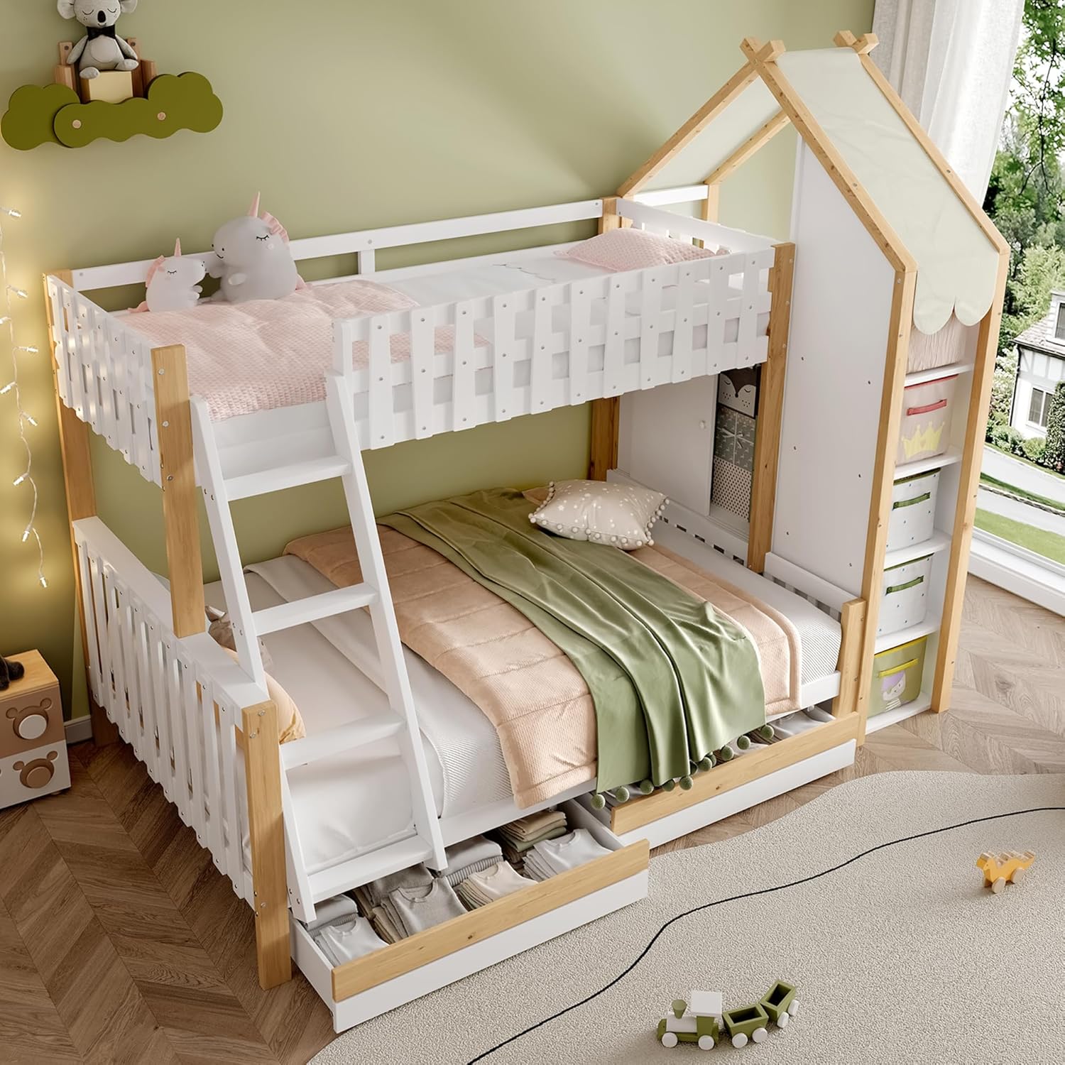 Etagenbett 90x200cm+140x200cm, Kinderbett Hochbett mit Bettgitter, Hausleiste, 2 Schubladen, Leiter, Unregelmäßiger Zaun, Funktionsbett Stockbett, Ohne Matratze(Weiß+ Natur)