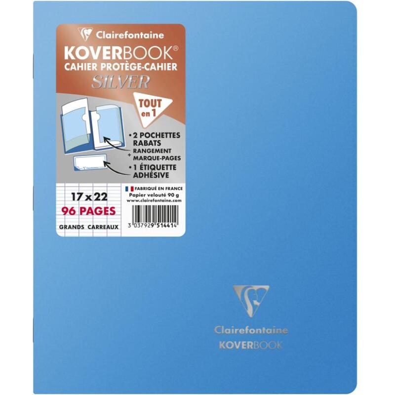 Cahier piqué Koverbook Silver 17x22 cm 96 pages grands carreaux couverture polypropylène opaque - Assortis