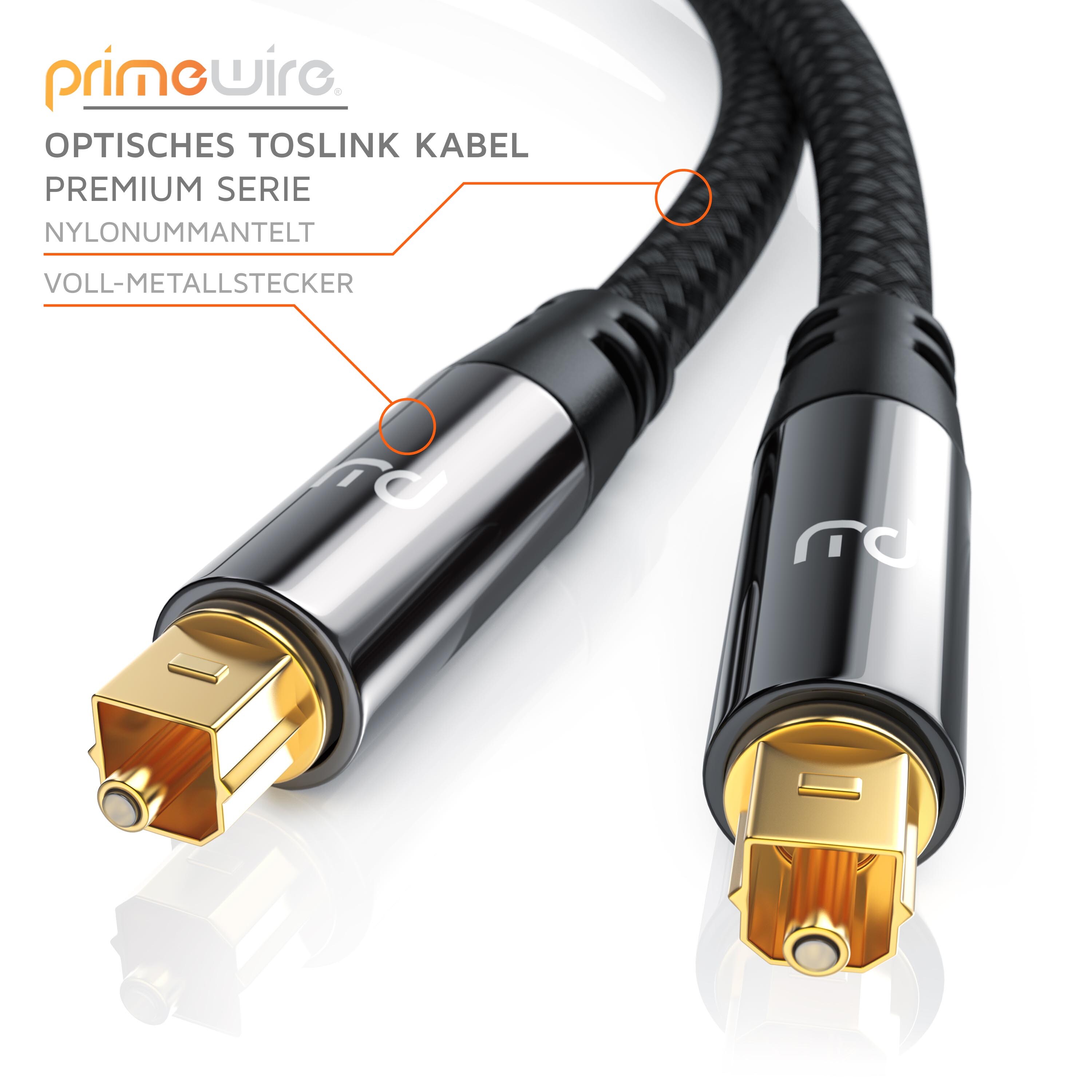 Primewire Optisches-Kabel, S/PDIF, Toslink, Lichtwellenleiter mit Metallstecker & Nylonmantel, Audiokabel - 1m