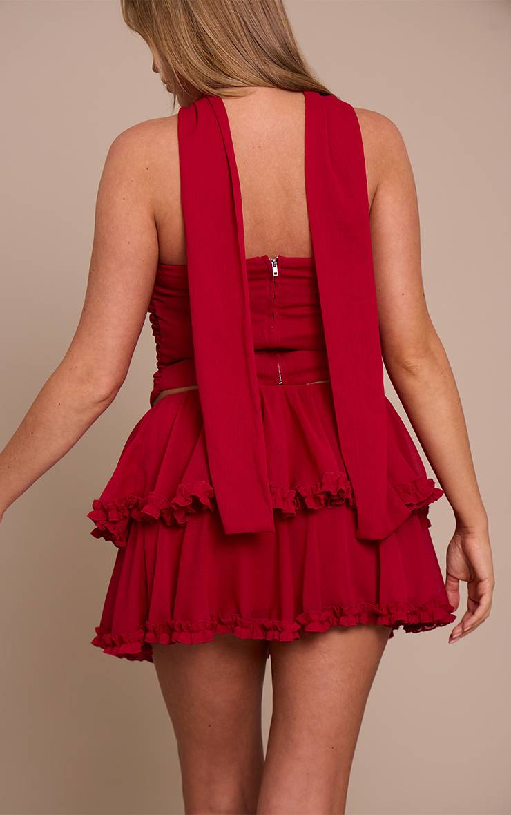 Rouge Bordeaux Ensemble Coordonné Jupe Mini À Volants Étagés En Mousseline Shape