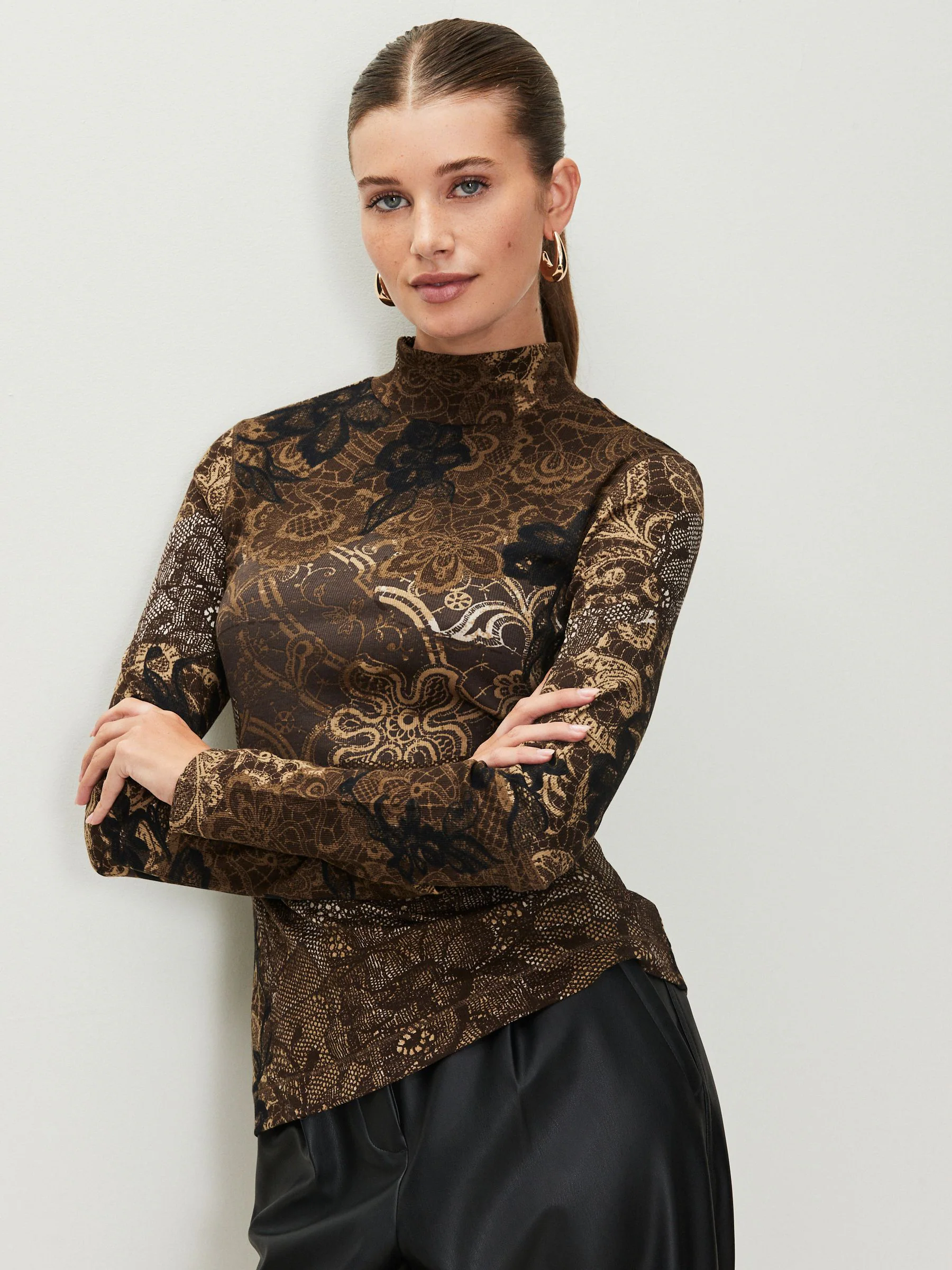 Bruin/zwart - Geribbeld hoogsluitend T-shirt met lange mouwen