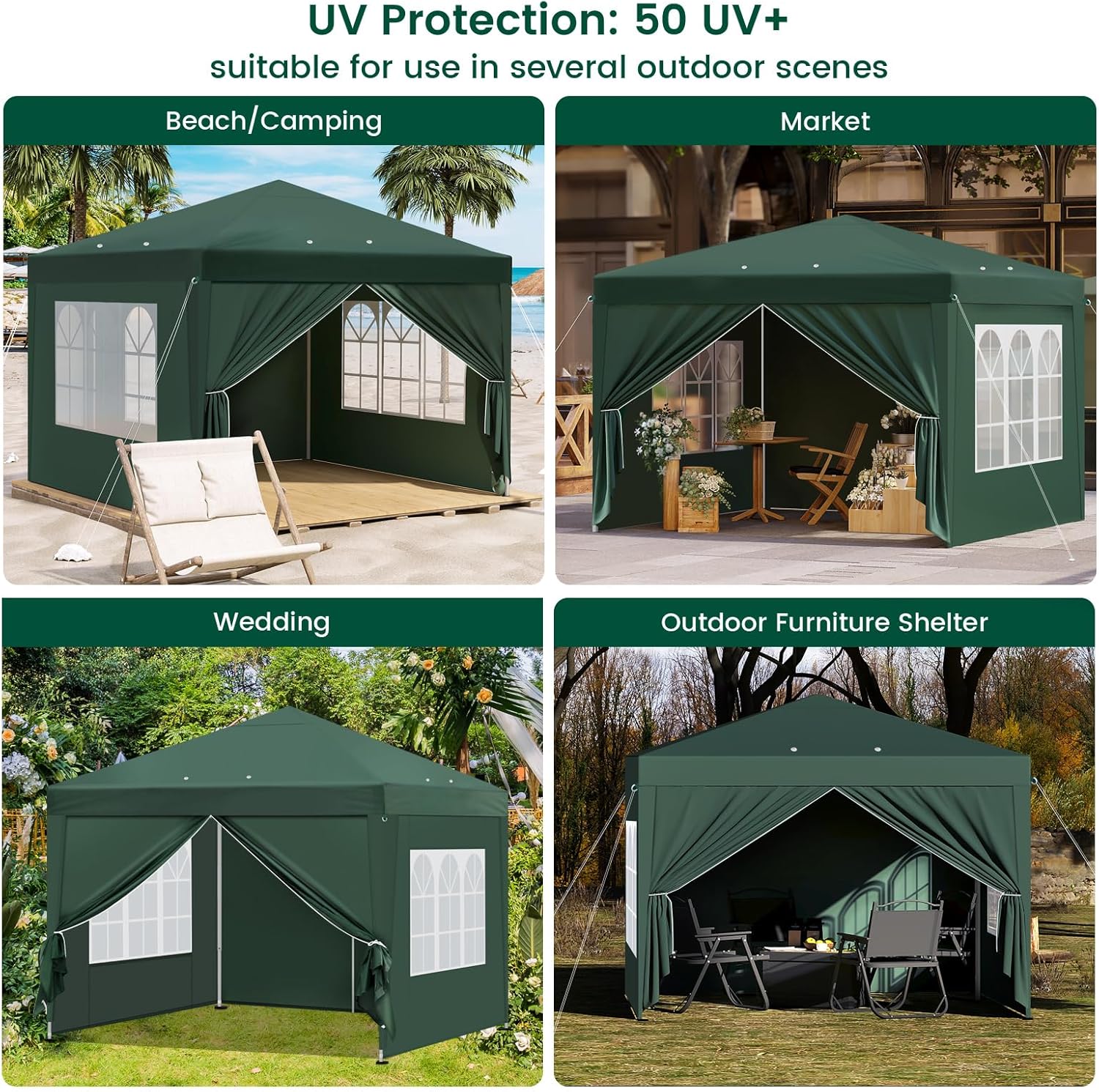 Laneetal Pavillon 3x3 m faltbar, Pop-Up Faltpavillon wasserfest Winterfest, Grillpavillon stabil, Gartenpavillon mit Seitenwänden Fenstern Tasche, für Camping Strand Garten, Grün