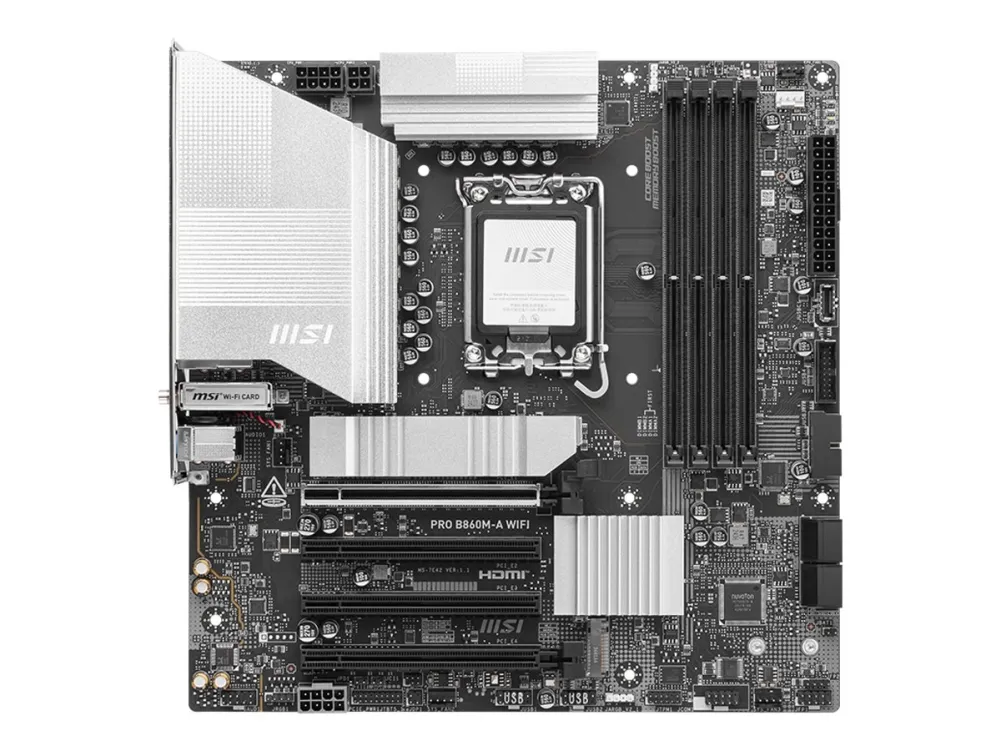 MSI PRO B860M-A WIFI - Bundkort - micro ATX - LGA1851 sokkel - B860 Chipset - USB 3.2 Gen 2, USB 3.2 Gen 1 - 5 Gigabit Ethernet, Wi-Fi 7 - onboard grafik (CPU påkrævet) - HD Audio (8-kanaler)