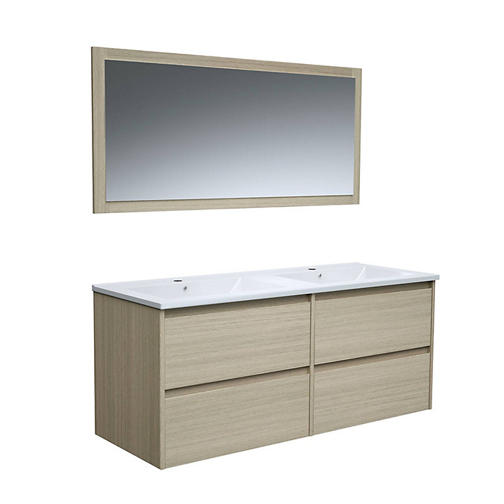 Meuble sous vasque à suspendre Timber décor bois 120 cm + plan double vasque céramique blanche + miroir