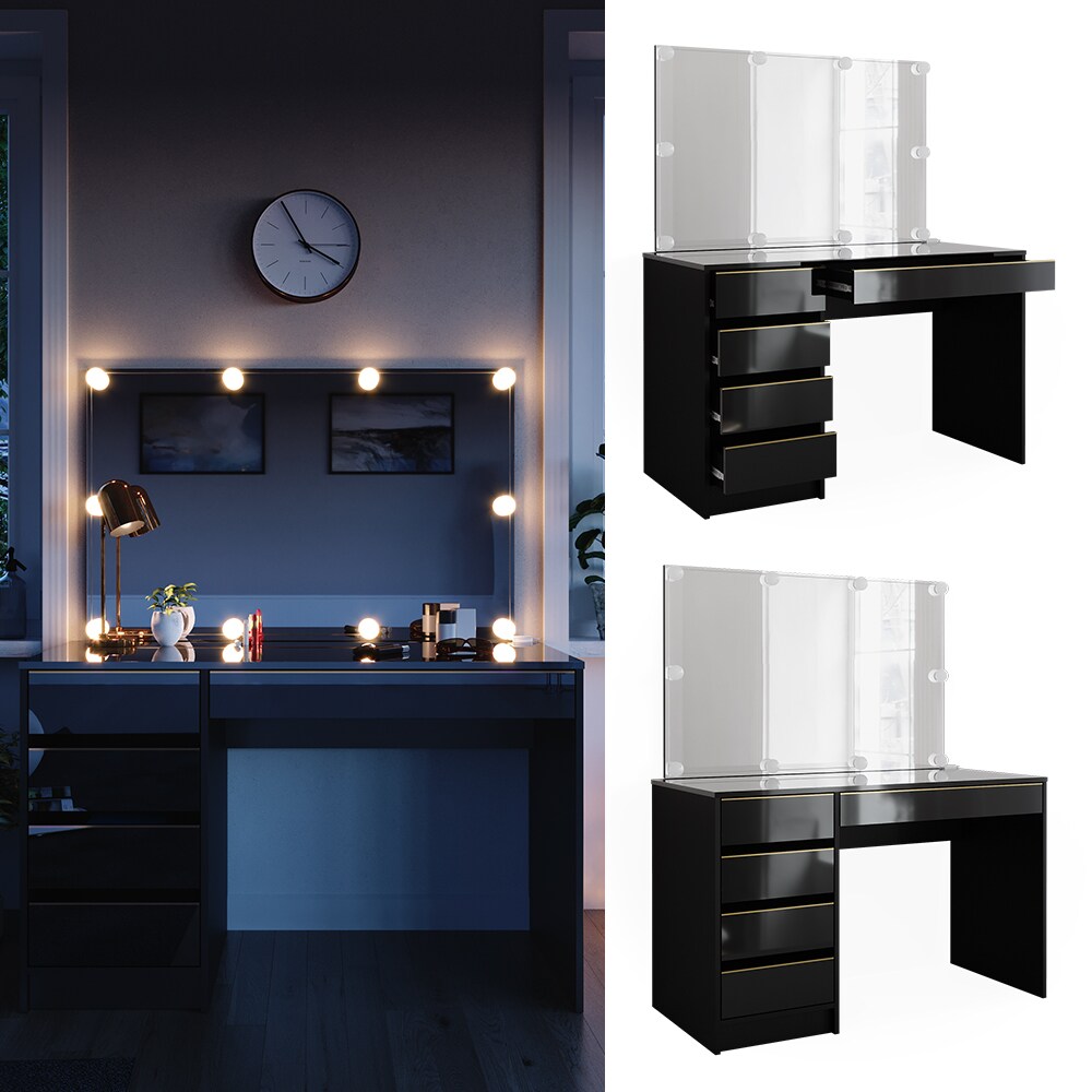 Vicco Schminktisch Sherry Schwarz Hochglanz Gold 120 x 75 cm 5 Schubladen Spiegel LED