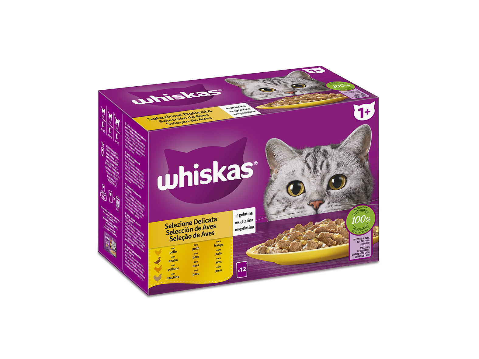 COMIDA HÚMIDA PARA GATO WHISKAS AVES 12X85G