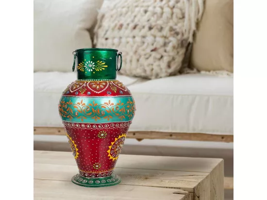 Vase en métal peint artisanalement vert/rouge 16x16x30h