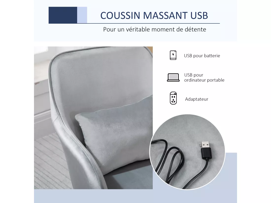 Chaise de bureau velours fauteuil bureau massant coussin lombaire intégré hauteur réglable pivotante 360° gris clair