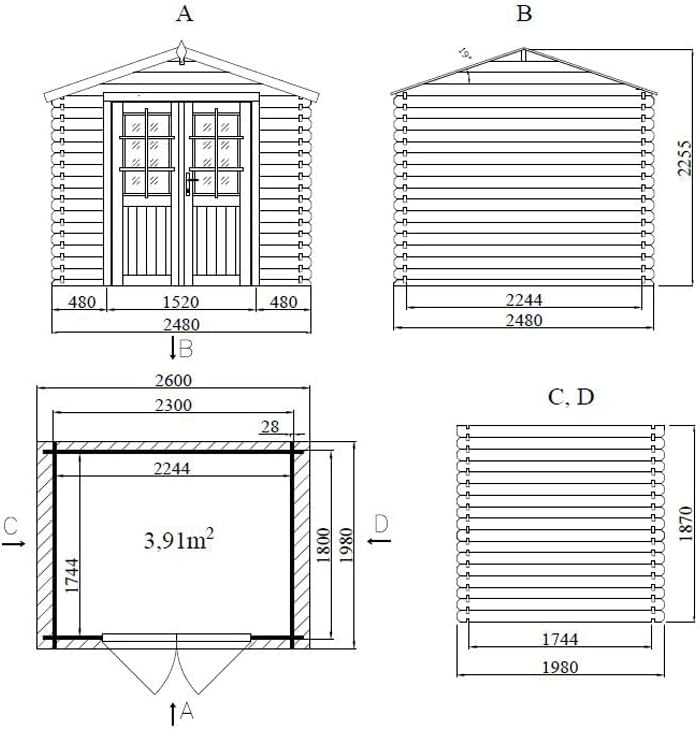 Gartenhaus | Gerätehaus | Holz Blockbohlenhaus CA2870 | Wandstärke: 28 mm | naturbelassenes Holz | BTH 260 x 198 x 225 cm | Doppelflügeltür | Satteldach