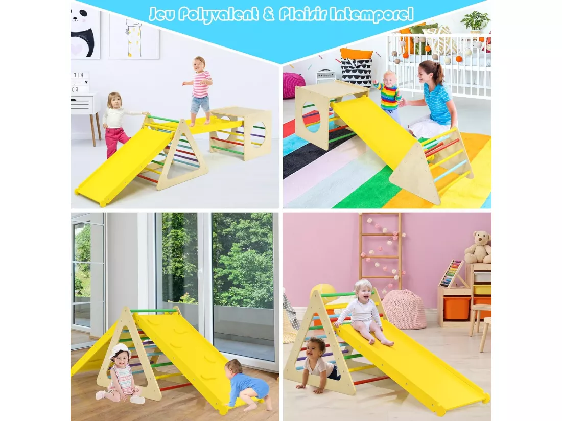 5 en 1 Aire de Jeux d’Escalade Montessori avec 2 Toboggans Réversibles, Triangle d'escalade en Bois Enfants avec Cadre Solide, Charge 60kg pour Grimper Marcher Glisser