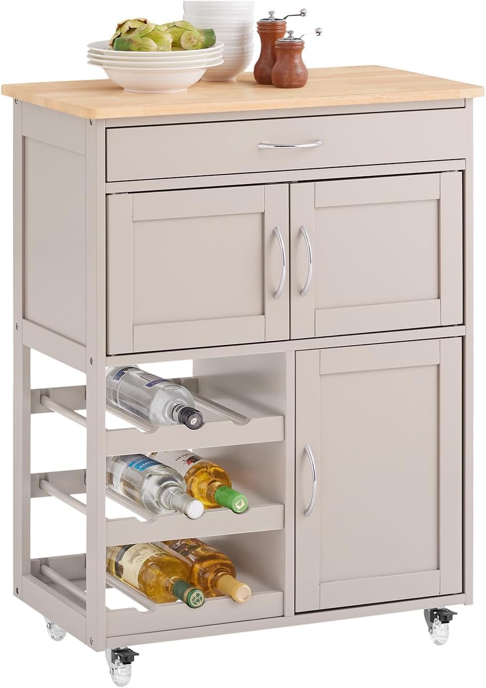 SoBuy Küchenwagen mit Arbeitsplatte Servierwagen mit Rollen Rollwagen mit Schubladen, Weinregal Kücheninsel Küchenschrank Küchenregal stehend Möbel für Esszimmer & Outdoor Khaki 67x86x38 cm FKW45-KA