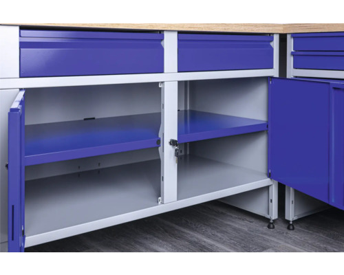 Industriële werkbank B 1.0, 1770 x 880 x 700 mm, 3 deuren, 3 laden, grijs/blauw