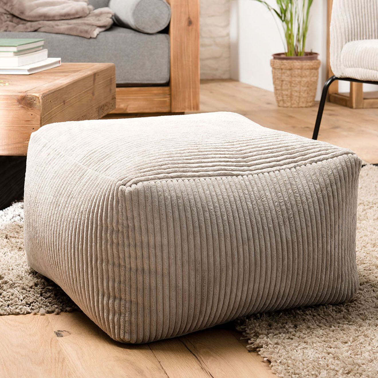 Macabane Pouf carré tissu velours cotelé agathe gris perle - 57x57x34 cm