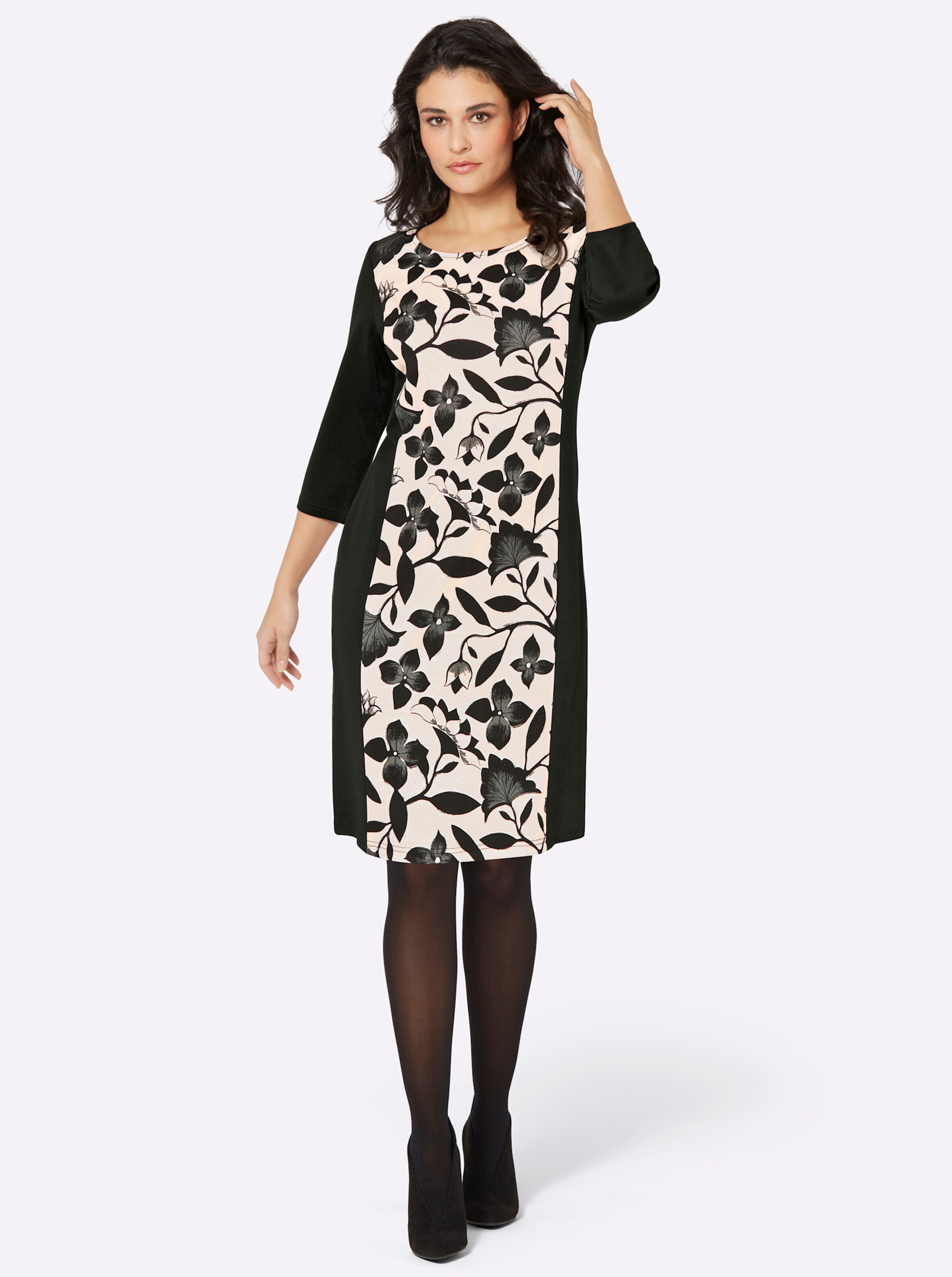 Jersey-Kleid in schwarz-champagner-bedruckt
