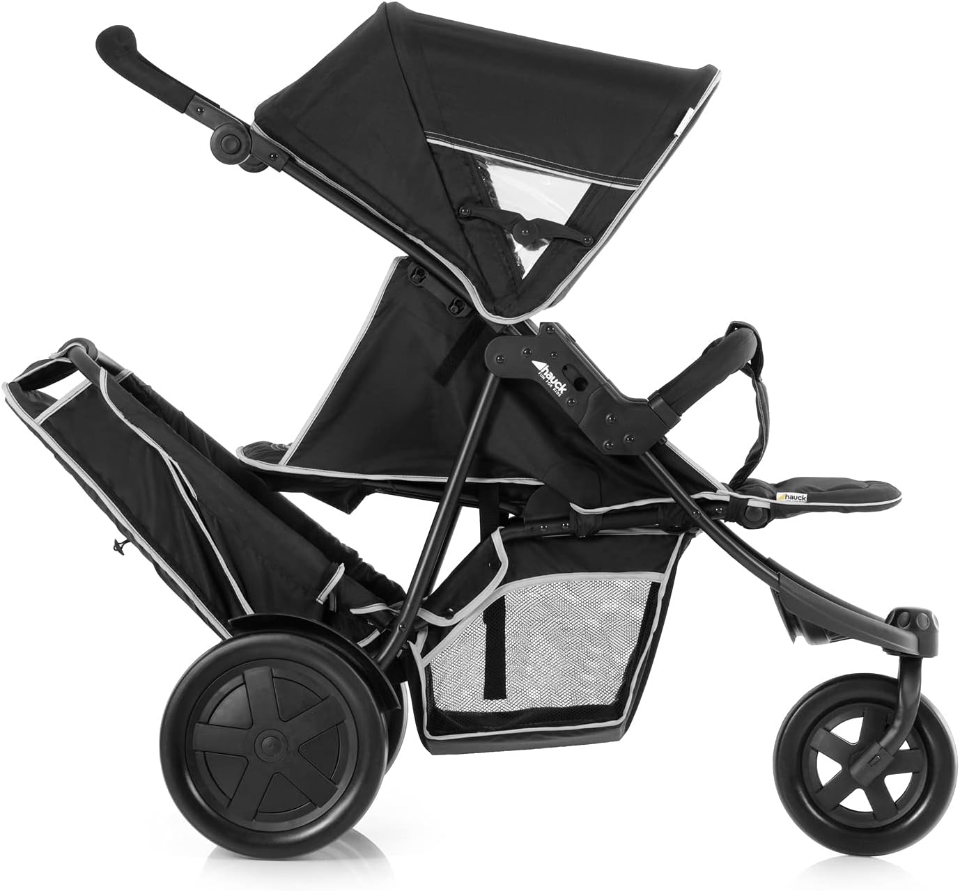 hauck Poussette Double Freerider à 3 Roues - Tandem 2 Enfants - Hauteur Réglable, Pliable, Habillage Pluie Inclus, Siège Bas Amovible - Noir
