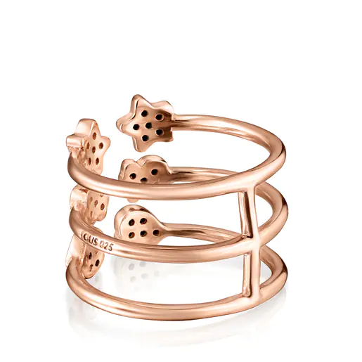 Anel aberto com banho de ouro rosa 18k sobre prata e detalhes em espinélio.