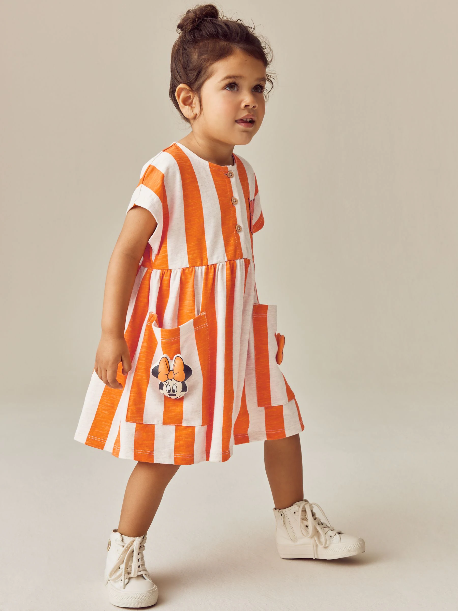 Minnie Mouse Orange Stripe - Jersey jurk met korte mouwen (3 mnd-7 jr)