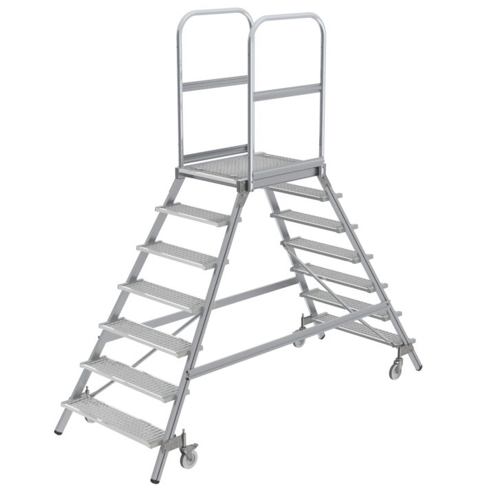 MUNK mobiele platformladder, stalen rooster, 2x8 treden