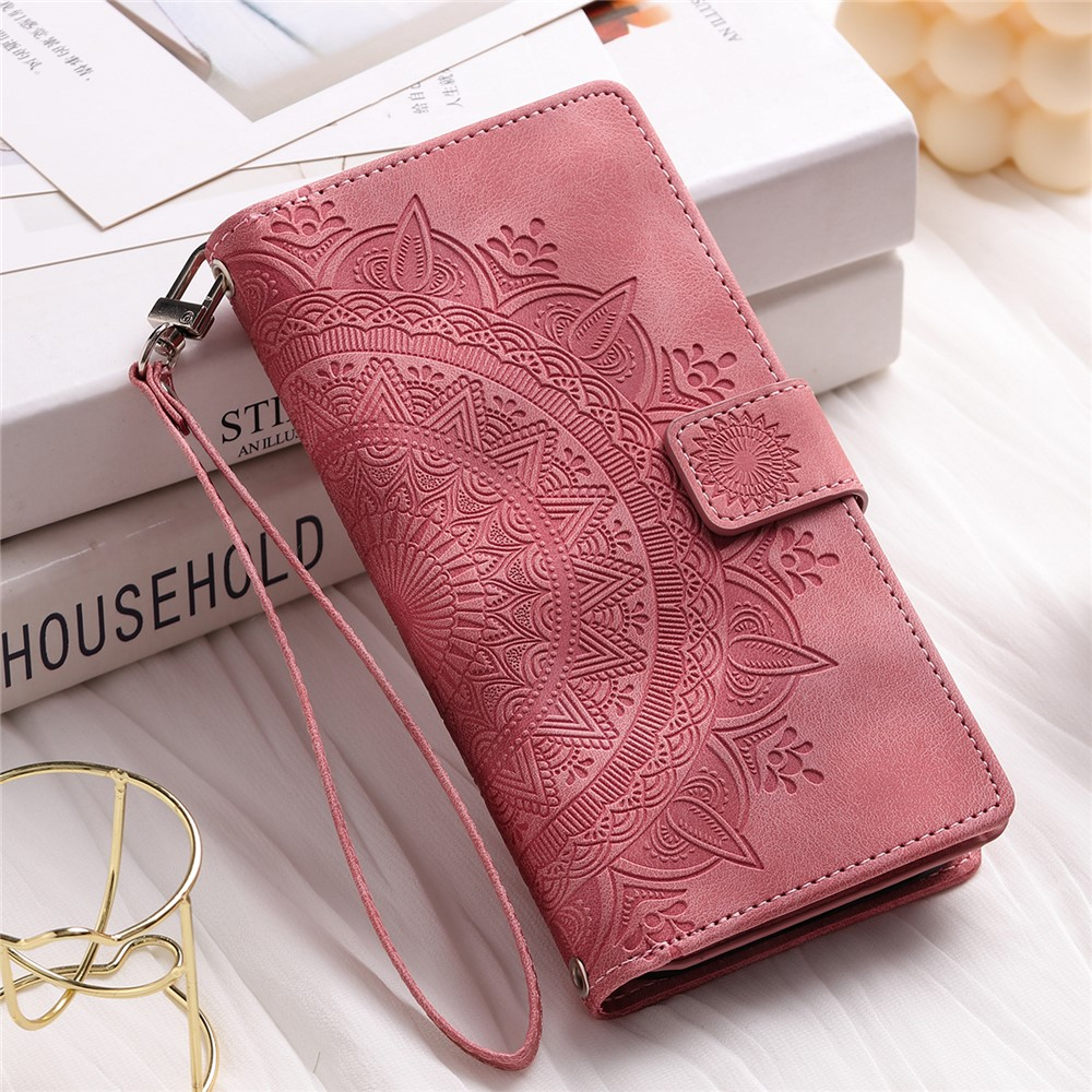 Samsung Galaxy A26 / A17 Leder Tasche Flip Cover mit Reissverschluss - Mandala Flowers Imprint - Rosa