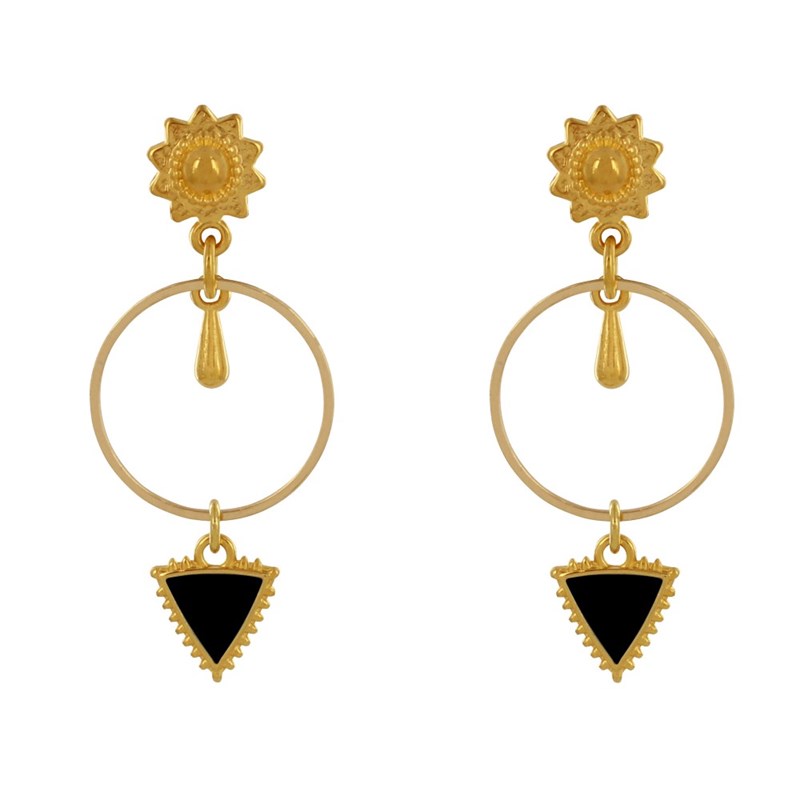 Boucles d'Oreilles Laiton Doré Cercle Goutte et Triangle Émaillé