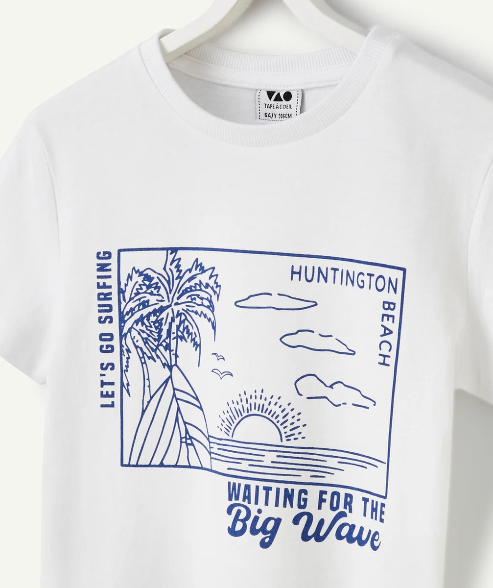 T-SHIRT MANCHES COURTES GARÇON 100% COTON BLANC THÈME SURF