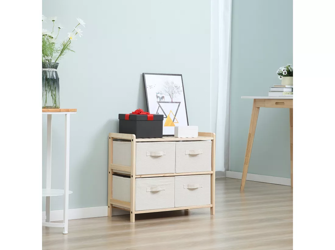 Commode 4 tiroirs tissu polyester beige dim. 59L x 28l x 50H cm bois sapin