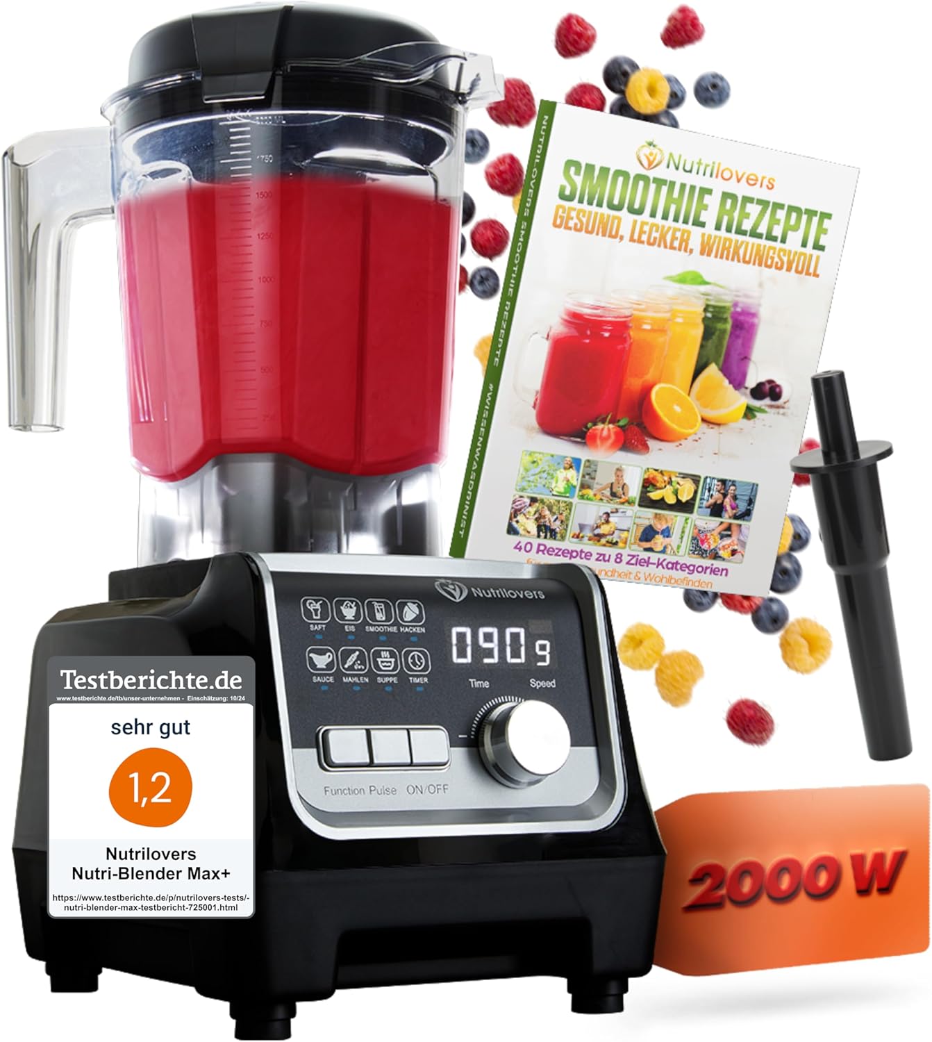 NUTRI-BLENDER MAX+ Hochleistungsmixer 2000W Standmixer Smoothie Hochleistung Smoothie-Maker Profi Mixer Blender - 2L Tritan, BPA-FREI, 9 Stufen, Digital-Timer Inkl. Smoothie Rezeptbuch