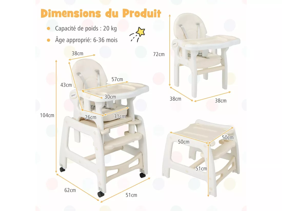 3 en 1 Chaise Haute Bébé Convertible avec Plateau Réglable, Chaise d'Alimentation Bébé avec Dossier à 3 Niveaux, Coussin de Siège, Harnais 5 Points, Charge 20KG, 6-36 Mois Beige