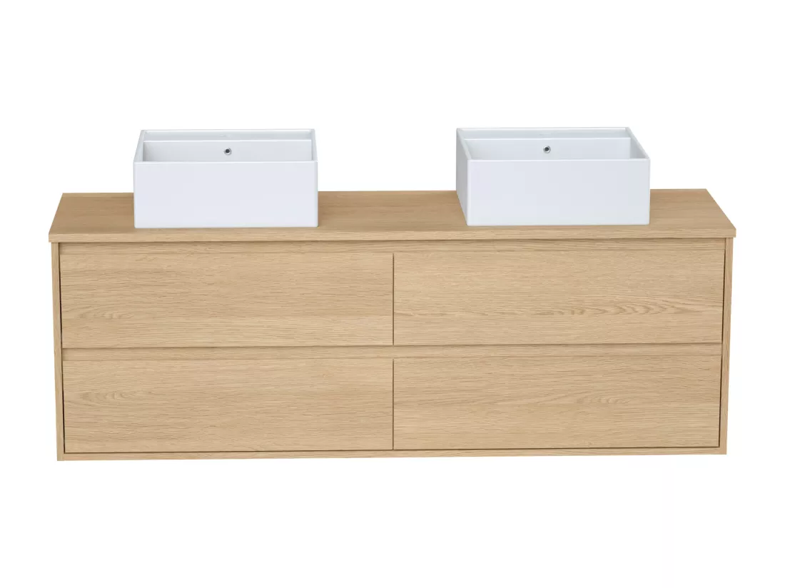 Meuble de salle de bain suspendu avec double vasque à poser en céramique - Placage chêne - 150 cm - MILIPAM