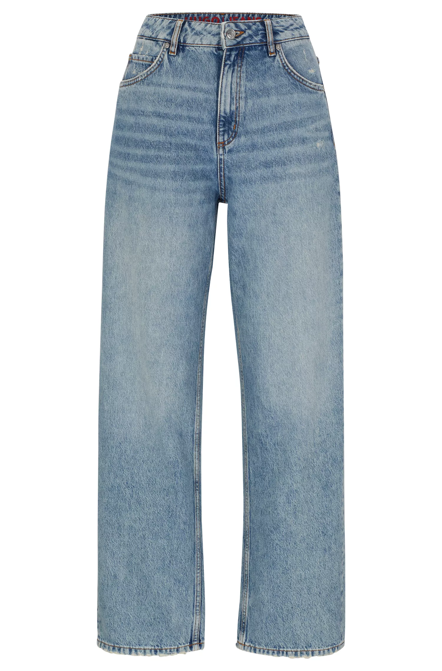 Calça jeans HUGO vermelha, modelagem relaxada, em denim rígido azul.