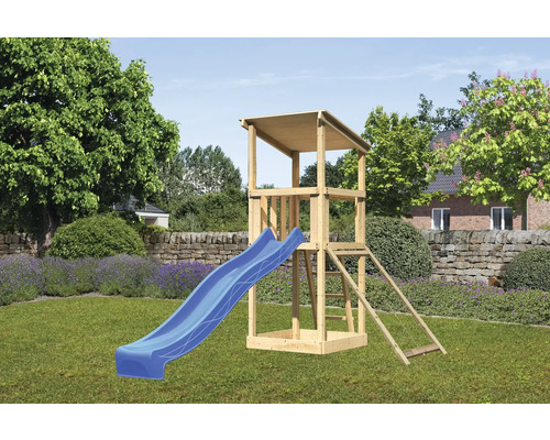 Speeltoren/speelhuis Karibu Anna, 107 x 107 cm, van hout, bestaande uit glijbaan en nethelling (blauw).